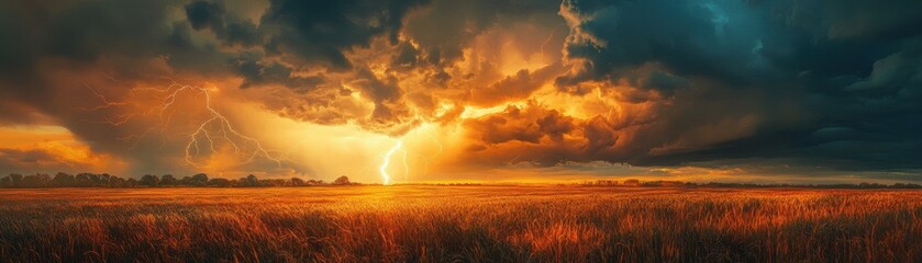 Dramatic Thunderstorm Over Golden Wheat Field with Striking Lightning and Dark Clouds at Sunset