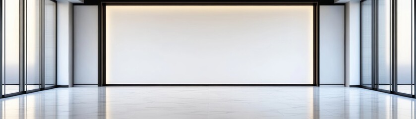 Modern interior space with large windows and minimalistic design, ideal for showcasing art or presentations.