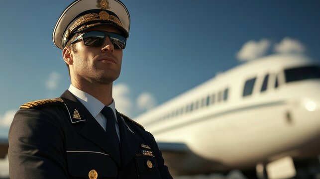A confident pilot stands in front of a private jet under a clear sky.