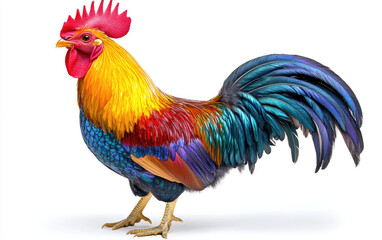 Fototapeta premium Colorful rooster standing proud on a white isolated background.