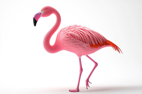 Pink flamingo walking gracefully on a white isolated background.