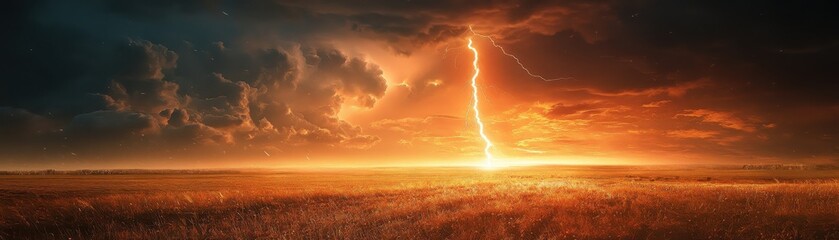 Dramatic Lightning Strike in a Golden Field During a Stormy Sunset with Dark Clouds