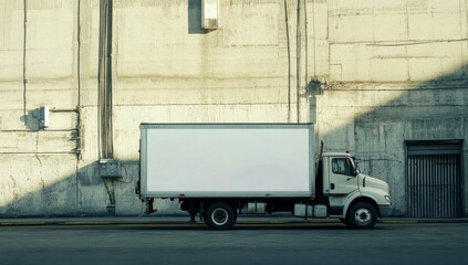 photo of white truck with blank trailer mockup is parked against the wall of industrial building