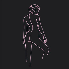 Woman Body Art. Minimalistic Lines Drawing. Black background. Female Figure Continuous One Line Abstract Drawing. Trendy Art Line. Modern Scandinavian Design. Vector Illustration