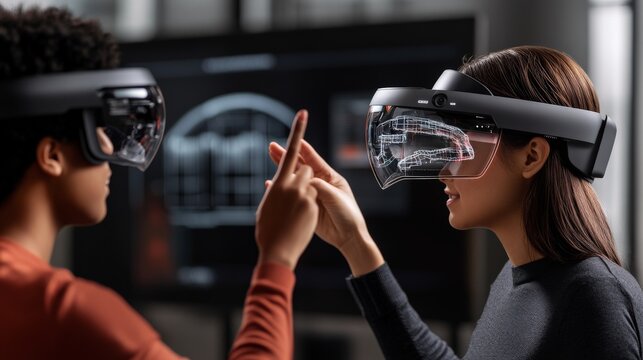 Metaverse Collaboration: Two colleagues wearing futuristic VR headsets interact in a shared digital space, showcasing innovative technology and teamwork.