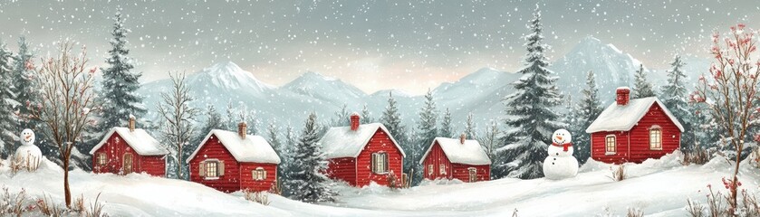 Charming Winter Village Scene with Red Cabins, Snow-Covered Trees, and Snowman in a Serene Mountain Landscape