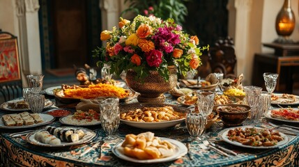 Extravagant round table set with gourmet foods from around the globe, from fresh sushi to Moroccan tagines, vibrant colors, lavish silverware, and floral centerpieces
