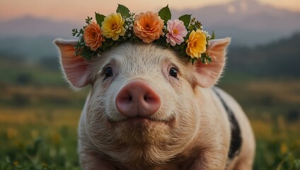 Cute pig with a flower crown.
