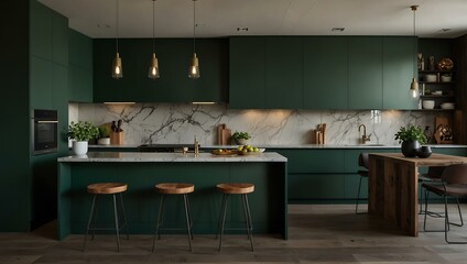 Dark green kitchen cabinets in a modern design.