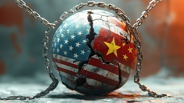 A cracked globe with the flags of China and the United States on it, connected by chains