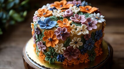 Floral-themed round cake, covered in multicolored icing, with elegant, detailed floral patterns, cascading blooms and intricate leaf designs