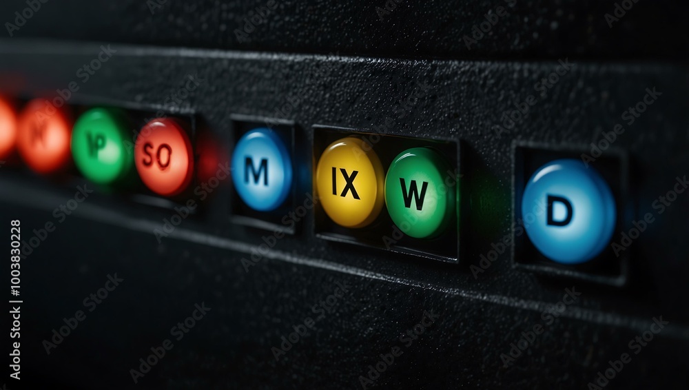 Poster decision-making depicted with a close-up of illuminated 'down' buttons.