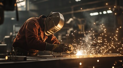 A welder in protective gear working on metal, surrounded by sparks in an industrial setting.