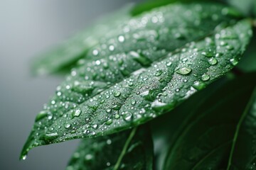 Macro Close-Up of Green Leaf with Water Drops on Grey Background. Copy Space for Text and Surface Texture for Design