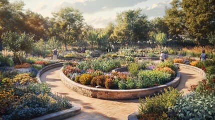 Obraz premium Gardeners in a lush community garden, organized in a perfect circle, each section blooming with different herbs and vegetables, under the soft glow of a late afternoon sun.