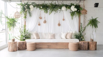 Rustic-themed arch backdrop for event decoration, incorporating natural materials