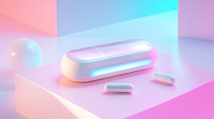 A white, oval-shaped sanitizer with a blue light is on a pink surface with a couple of white pills nearby. The sanitizer is open and appears to be in use.