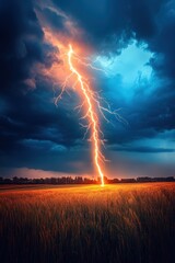 Fototapeta premium Dramatic Lightning Strike in a Stormy Sky Over a Golden Wheat Field at Dusk
