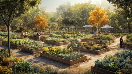 Fototapeta premium Gardeners in a lush community garden, organized in a perfect circle, each section blooming with different herbs and vegetables, under the soft glow of a late afternoon sun.