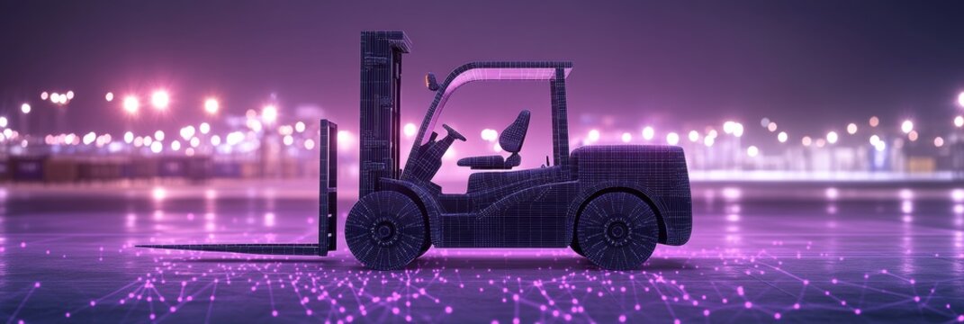 Digital Forklift on Purple Technology Background, Abstract Industrial Transport Icon.