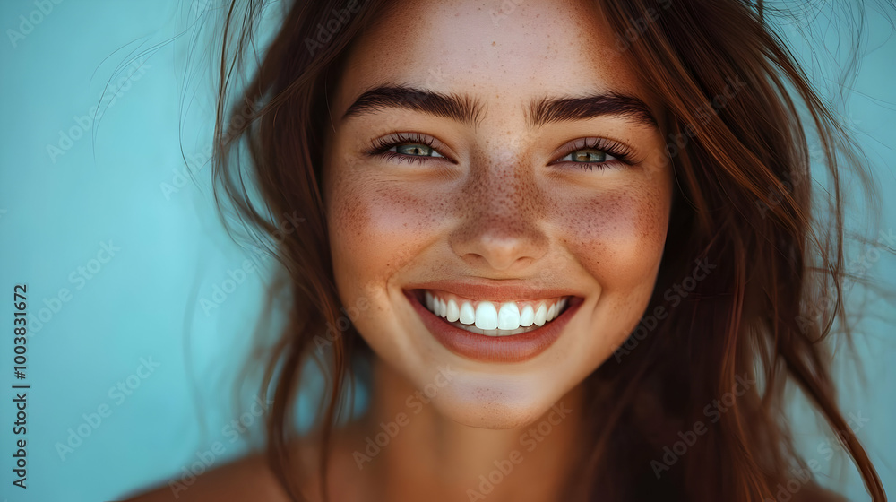 Canvas Prints Smiling Woman with Freckles and Long Brown Hair