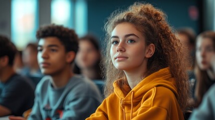 Obraz premium A girl with curly hair is sitting in a classroom with other students