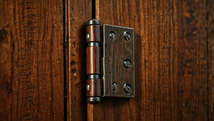 Detailed close-up of a cabinet door hinge against rich wood grain.