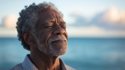 Man with a beard and gray hair is smiling and looking at the camera. black man standing by the sea, with a peaceful look and soft smile on his face and his eyes shut as he slowly exhales.