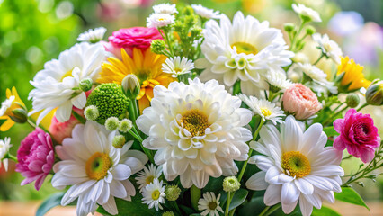 Fototapeta premium vibrant floral arrangement featuring white daisies, pink and yellow flowers, and lush greenery creates cheerful and lively atmosphere. This beautiful bouquet is perfect for brightening any space