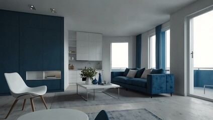 Digital illustration of an apartment under construction, blue and white.