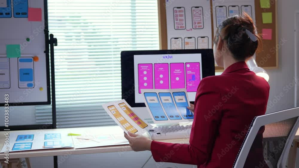 Poster female uxui designer reviewing a mobile application wireframe design in a modern office setting