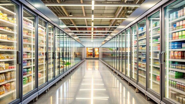 cool, spacious, depth of field, order, different, refrigerators, interior, An empty supermarket aisle with refrigerators in focus and a shallow depth of field creating a blurred background