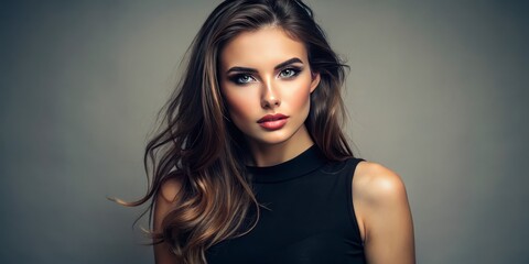 Naklejka premium Confidently standing in a black sleeveless t-shirt, a chic woman poses against a neutral background, exuding an