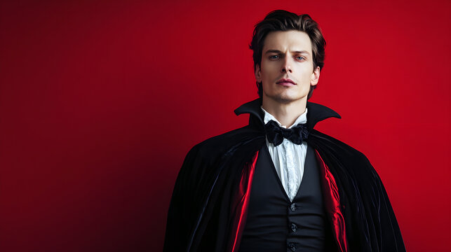 man in vampire costume poses confidently against red background