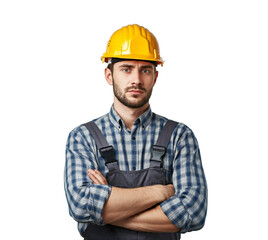 Construction worker, wearing yellow hardhat, isolated