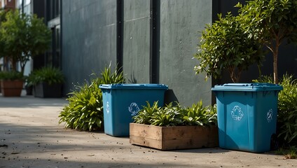 Eco-friendly scene with recycling bins and plants, promoting sustainability with soft greens and blues.