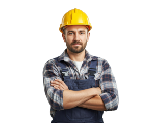 Construction worker, wearing yellow hardhat, isolated