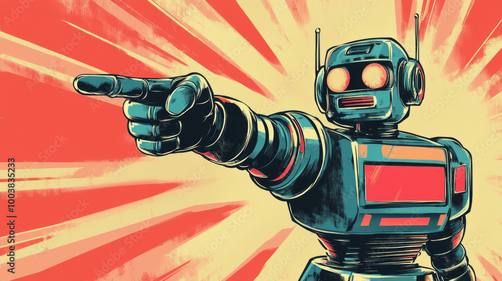 Canvas Prints a retro-style illustration shows a robot pointing with its hand, promoting a sale. it's drawn in a c