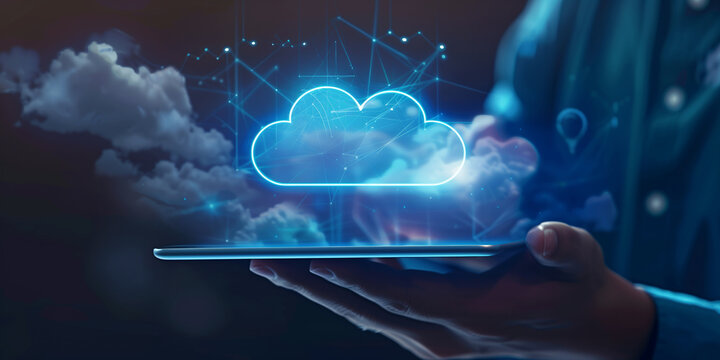 Close-up of hands holding a tablet with a glowing cloud icon.