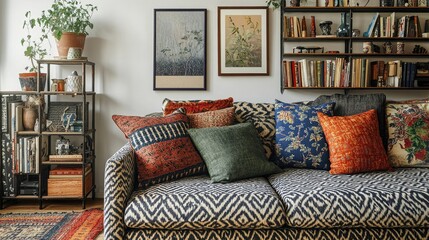 Eclectic living room with a patterned sofa