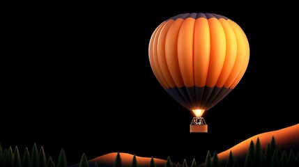 Obraz premium Night Flight: Orange Hot Air Balloon Ascending over Silhouetted Landscape 