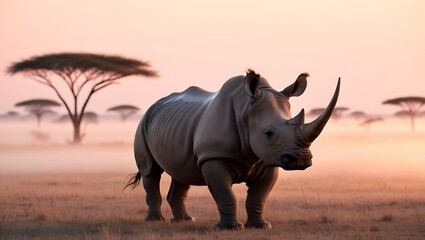 Obraz premium Rhino Standing Majestically at Dawn captures the grandeur and strength of a rhino standing proudly against the backdrop of a glowing savanna at sunrise.