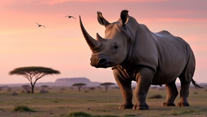 Rhino Standing Majestically at Dawn captures the grandeur and strength of a rhino standing proudly against the backdrop of a glowing savanna at sunrise.