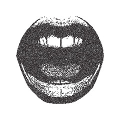 Vector mouth in scream trendy retro photocopy grain effect. Modern stipple dots texture for grunge punk y2k design.