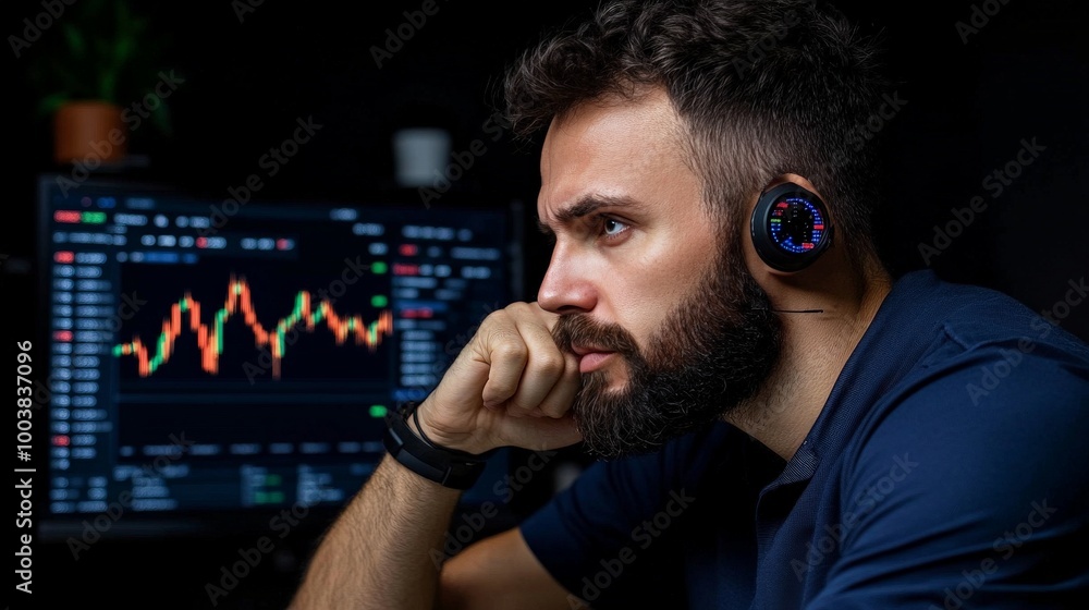 Poster night trader: focused man analyzing stock market data on a computer screen. contemplative expression