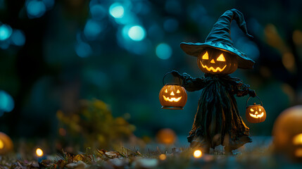 whimsical witch figure holds glowing pumpkins and lanterns, creating magical Halloween scene