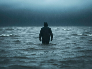 A lone figure stands waist-deep in floodwaters, facing an approaching storm. The dark sky looms overhead as rain pours down, capturing the solitude and intensity of the scene.