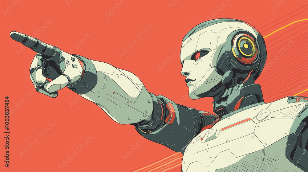 Wall mural a robot points with a finger. the illustration shows ai technology recognizing faces and people. it'