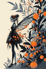 Fototapeta premium Little long brunette hairs halloween fairy dressed in black dress on vertical background with autumn orange fruits and plants wallpaper.