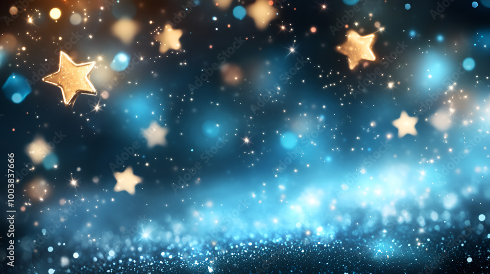 Poster magical nighttime background with shimmering stars and sparkling lights in a deep blue setting